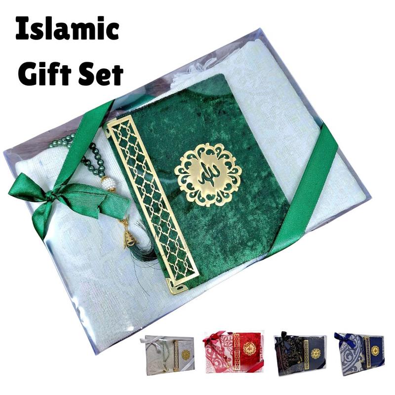 Yaqeen Islamic Gift Set (Surah Booklet, Prayer Beads Tasbeeh + Prayer Rug) Namaz Oriental Muslim Carpet Janamaz Sajadah, Hajj Umrah Ramadan Eid Wedding Niqah Gift Muslimah Velvet Cover Quran Muslim gift 1