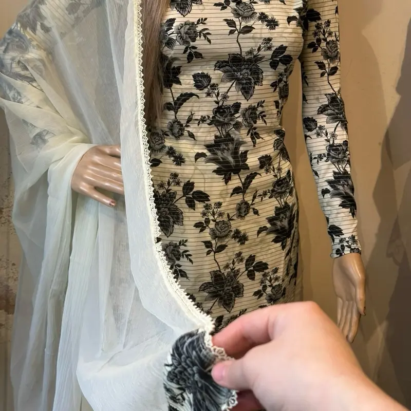 Cream lawn floral bead cut work 3 piece palazzo suit 2