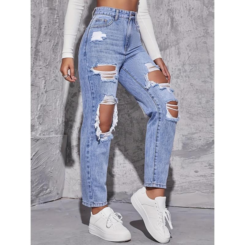 American Retro Hole-punched Jeans Women High Waist Straight-crotch Loose Slim Design High-street Vibe Wide-legged Dragging Pants 3