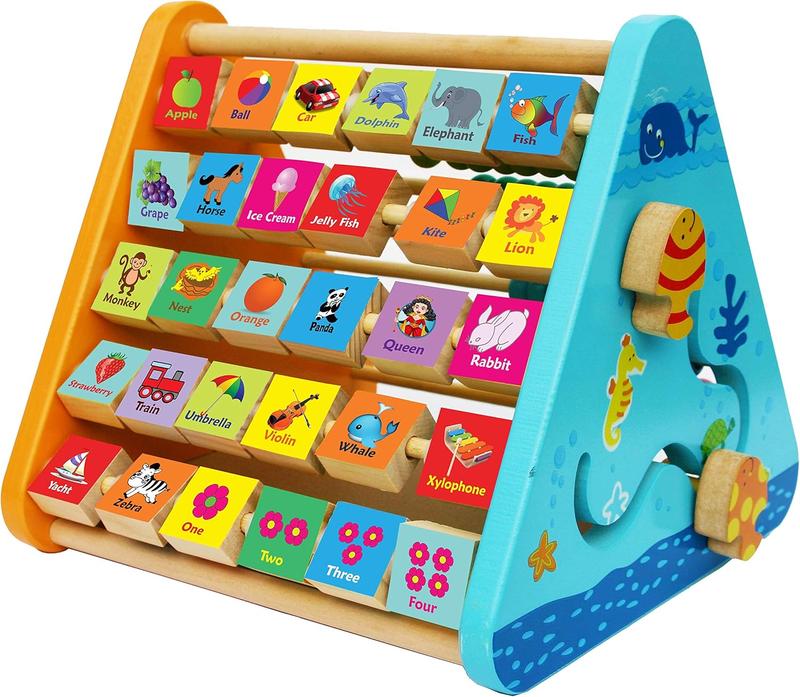TOWO Wooden Activity Centre Triangle toys - Wooden Alphabet Blocks Abacus clock - Activity Cube for Toddlers 5 in 1-Wooden Activity Toys for Babies Montessori Learning-Wooden Toys for 1 year old 0