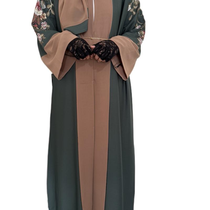 Sage Green Embroidery Abaya/Occasion Wear Modest Outfit /Muslim Abaya/Woman Fashion/Hijab styles/ Floral 5