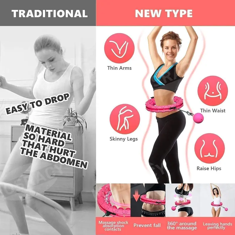 Weighted Smart Hula Ring Hoops, Exercising Non-Falling Hoola Hoops for Adults , Fitness Weight Loss Massage With 360° Auto-Spinning Ball, Adjustable Size 24 Detachable Knots,Thin Waist Exercise 1