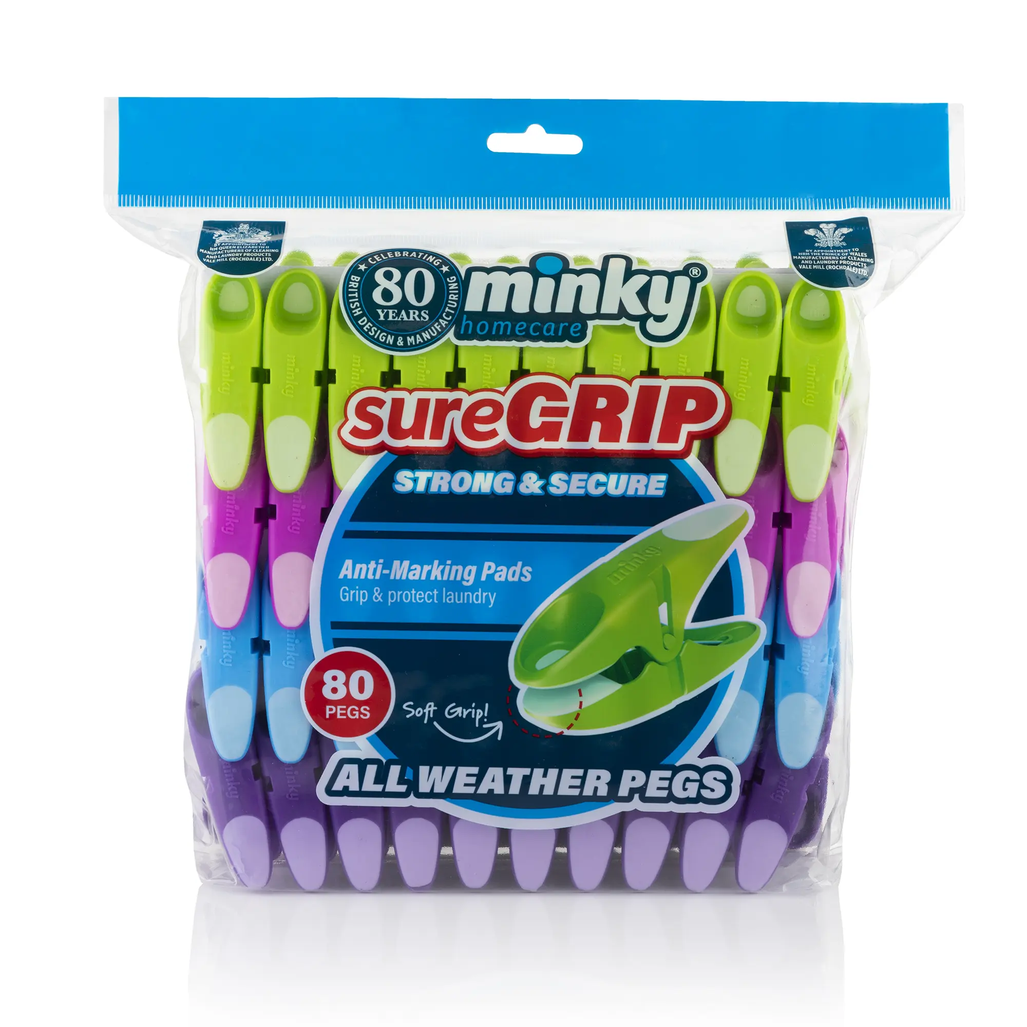 Minky 80 Pack of sureGRIP Pegs - Strong Heavy Duty Clothes Clips For Washing Line Airer Hangers Organiser