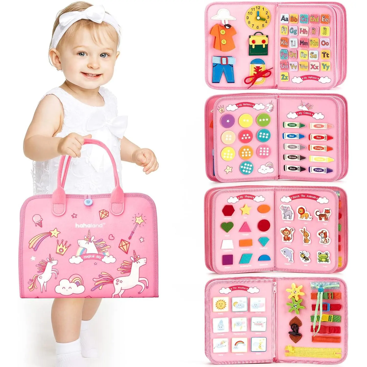 Montessori Busy Board for Toddlers 1 2 3 4 Years Old, Busy Book for Comprehensive Preschool Educational Playing, Baby Travel Toys for Plane Car, Birthday Gifts for Girls - Pink Unicorn
