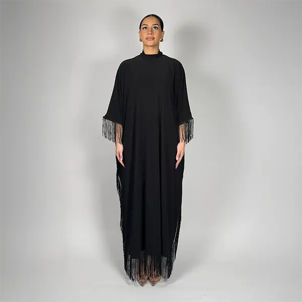 kafti Tassel Black Maxi Dress – Elegant Modest Eveningwear with Flowing Sleeves Womenswear Elegance Casual Formal
