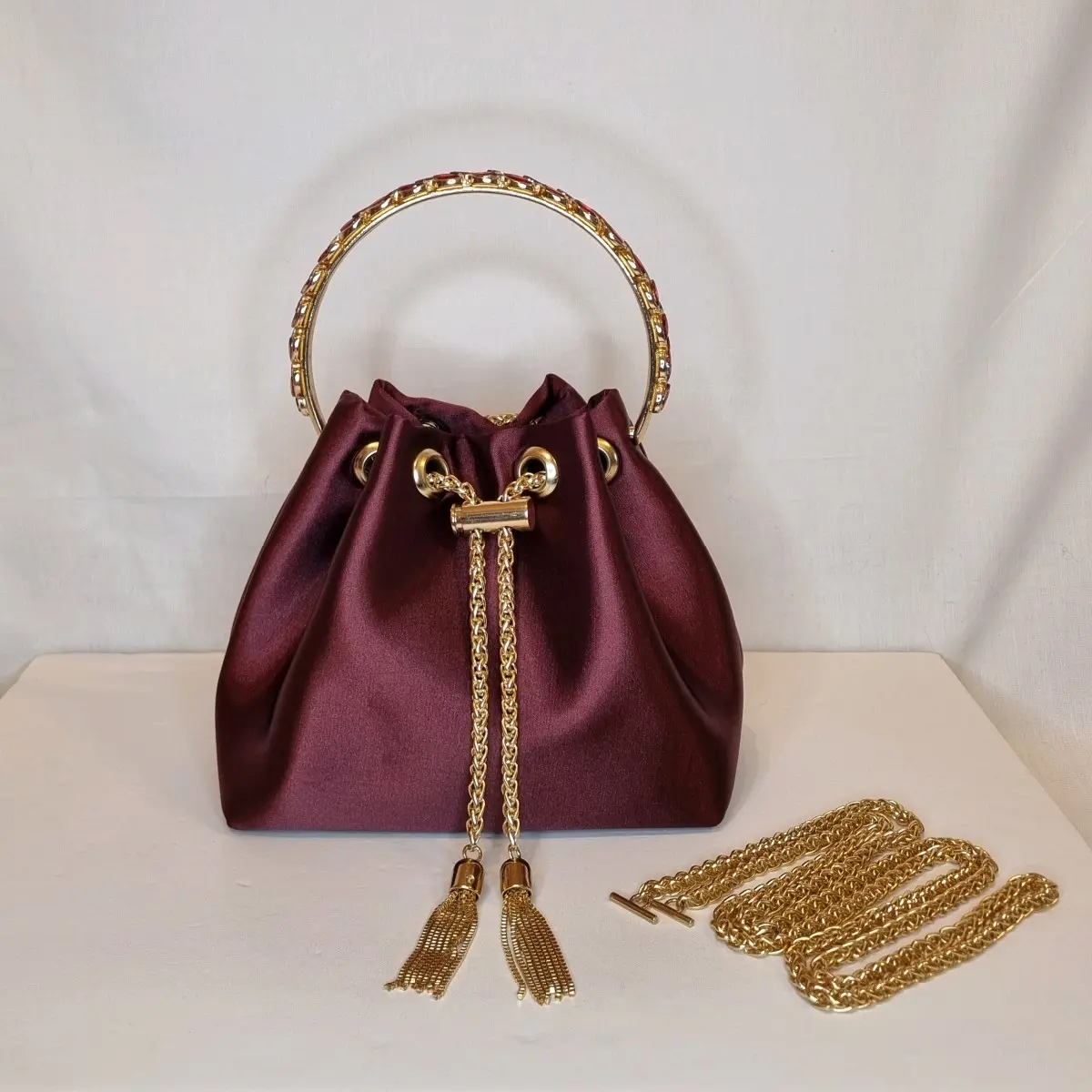 Bon Bon Luxury Satin Evening Clutch Bag with Crystal Diamond Top Handle and Tassel Chain Embellishment - Burgundy, Dark Green, Purple & Teal odourless elegant fashion bags