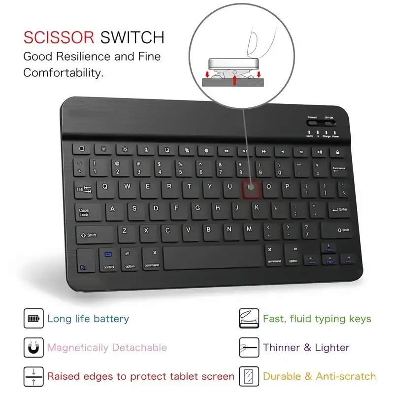 Product Introduction of Wireless Keyboard, Mini Keyboard For IPad IPhone Mobile Phone Tablet Laptop, 4 Colors Available, Slim And Mute Multi-Device, Support Three Systems, For Android IOS Windows System Devices. Stylish Portable And Convenient Universal Multi-Device Mini Wireles 7