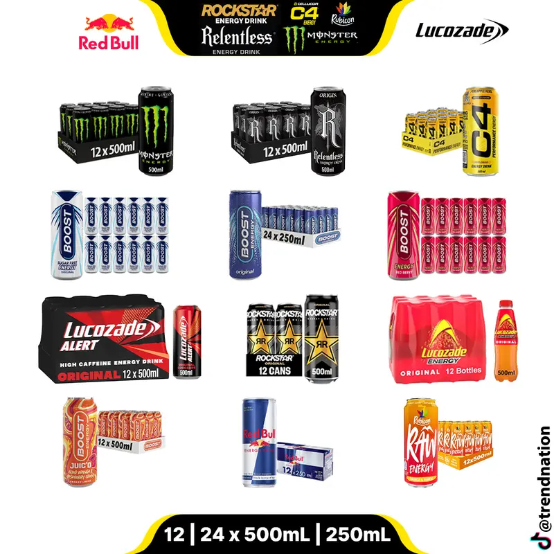 Energy Drink Monster, Lucozade, Red Bull, Boost, Relentless, Rubicon Raw, Rockstar & C4 | Sport Drinks Beverage | 12 Pack or 24 Pack (250ml or 500ml) 0
