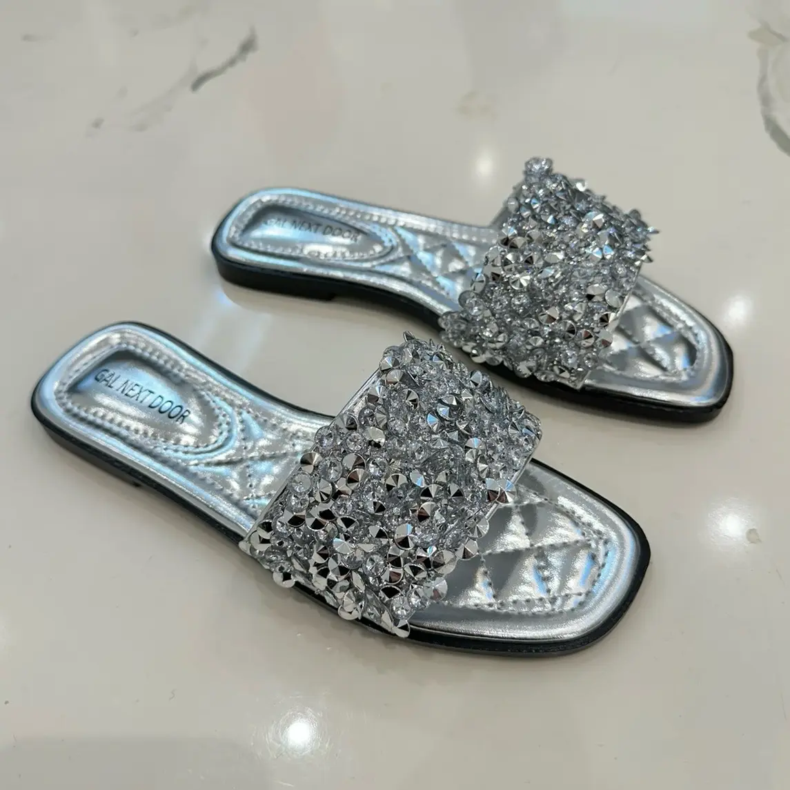 Gemma - Diamanté Squin Square Toe Quilted Insole Sandals