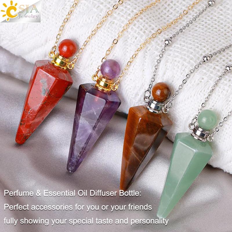 Natural Stone Cone Perfume Bottle Necklace – Healing Clear Quartz Crystal Pendant, Essential Oil Diffuser Vial for Aromatherapy 1