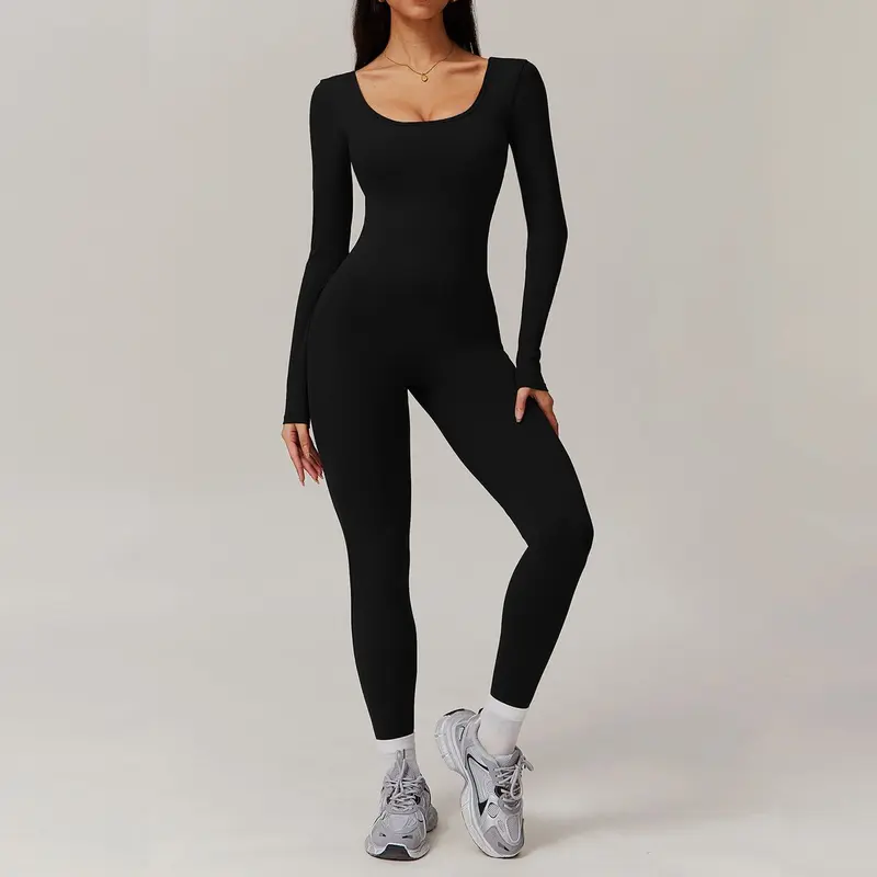 Workout Bodysuit Nadeer Womens Ribbed Jumpsuit Long Sleeve Yoga