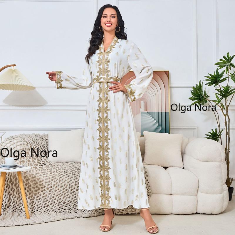 OLGA NORA ON1425ON Long Length Home Robe White Gold Plated Elegant V-neck Dress for 5'4-5'9 regular sleeve casual abaya  lover 1
