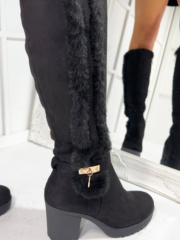 Maeve Heeled Knee High Zipped Boots with Faux Fur Trimming 3