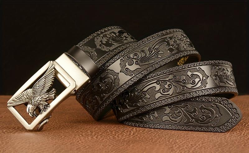 Product Introduction of 1PC Carved Cowhide Men's Autobuckle Belt, Vintage Style, Suitable for Casual & Business Wear, Great Gift for Husband and Father 13