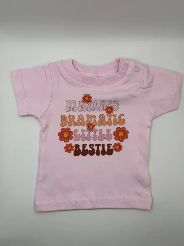 Teddys Wardrobe Pink Slogan Cotton T-shirt for Kids - Mama's Dramatic Little Bestie, Comfortable Material, Shortsleeve 0