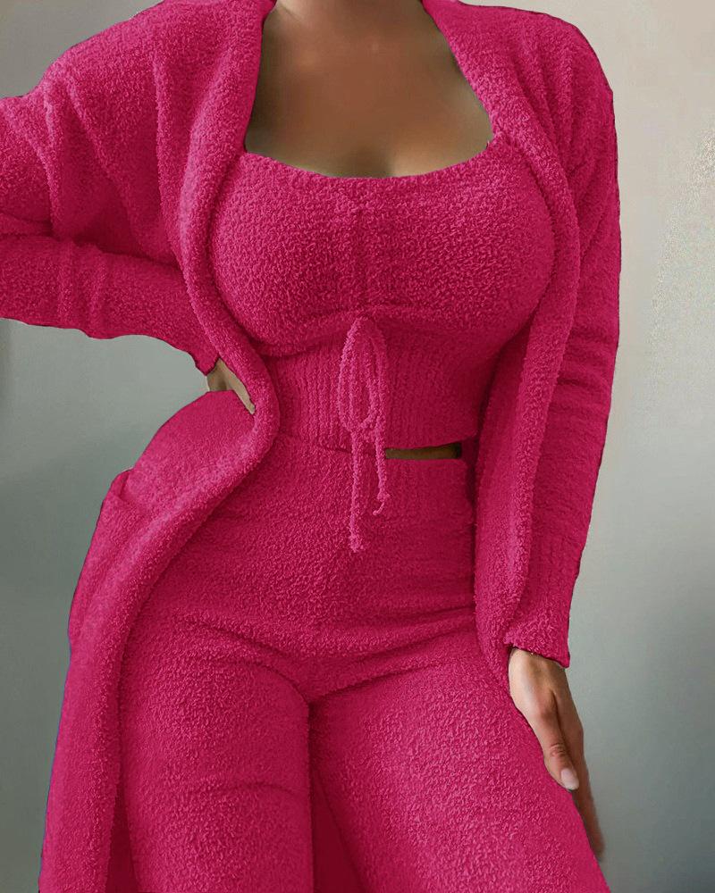 Product Introduction of 2025 New Autumn Winter Women's Plush Pajamas Set Crop Tops+Long Pants+Coat 3 Pieces Suit Homewear Matching Sets Warm Pyjamas Pjs 8