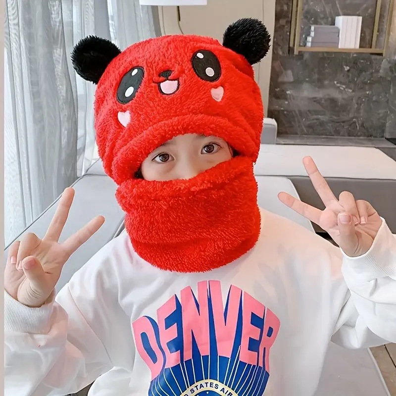 Fall/Winter 'S Hat Set - Warm Integrated Ear & Neck Scarf, Cute Bear Ear Style Hoodie Cap, Velvet Outer, Windproof Plush Hat, Polyester Composition, Hand Washable, Christmas Themed, Stretch Fit, Toggle Closure, Baseball Cap Design, Suitable for Daily 3