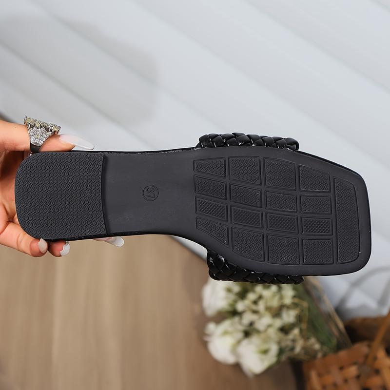 Product Introduction of Women's Woven Single Band   Sandals, Solid Color Square Open Toe Summer Shoes, Casual Outdoor Beach Shoes 6