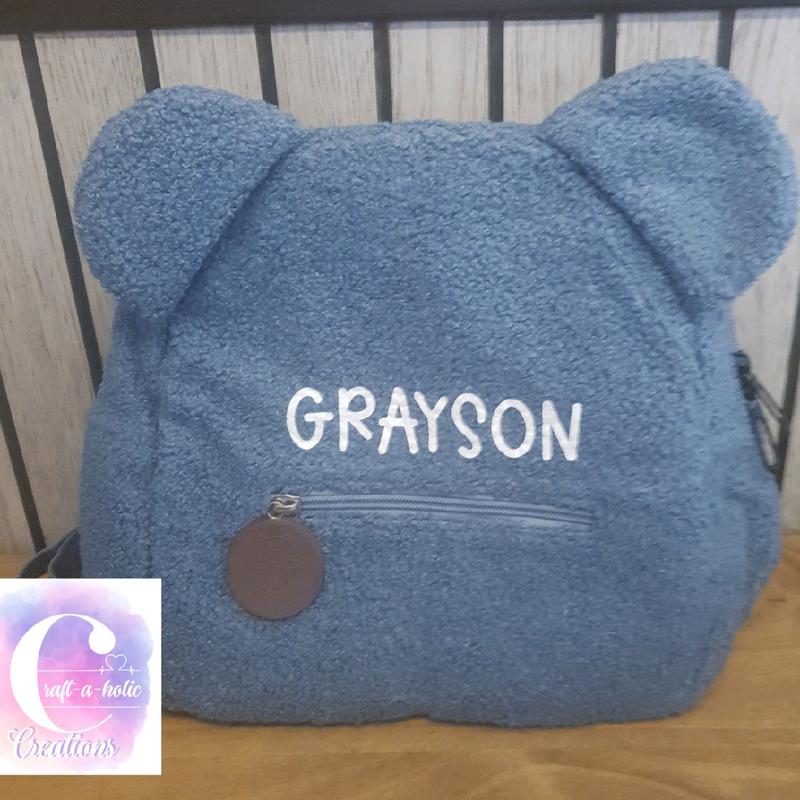 Personalised Teddy Bear Bags Plain Brown Fluffy Kids School Nursery Backpack Name, Gift, Accessory Fashion, Cute, Adjustable Straps, Various Colours, Fonts and Finishes 8