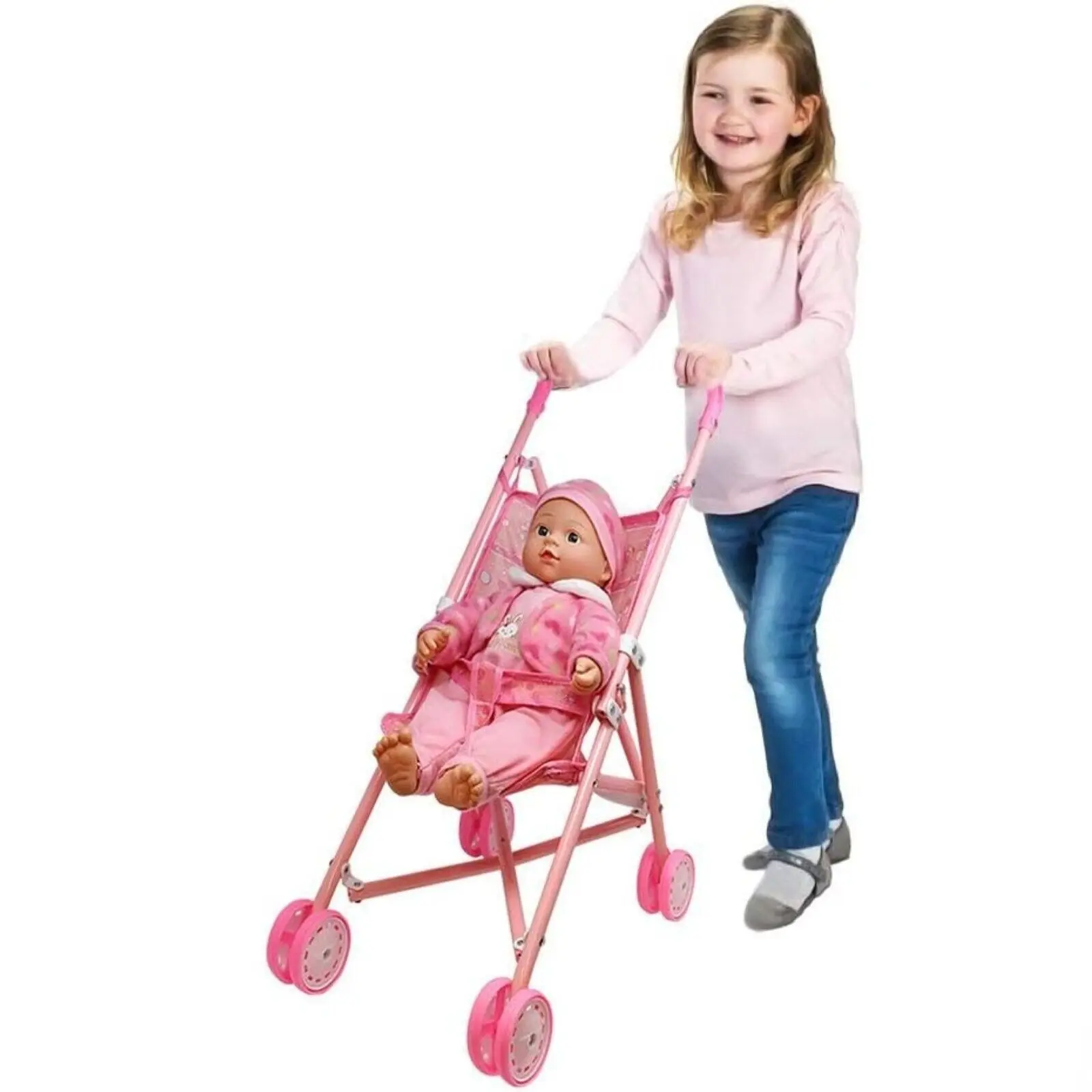 Kids Foldable Baby Pram Stroller Trolley with Doll Combo Set For Girls Toddlers