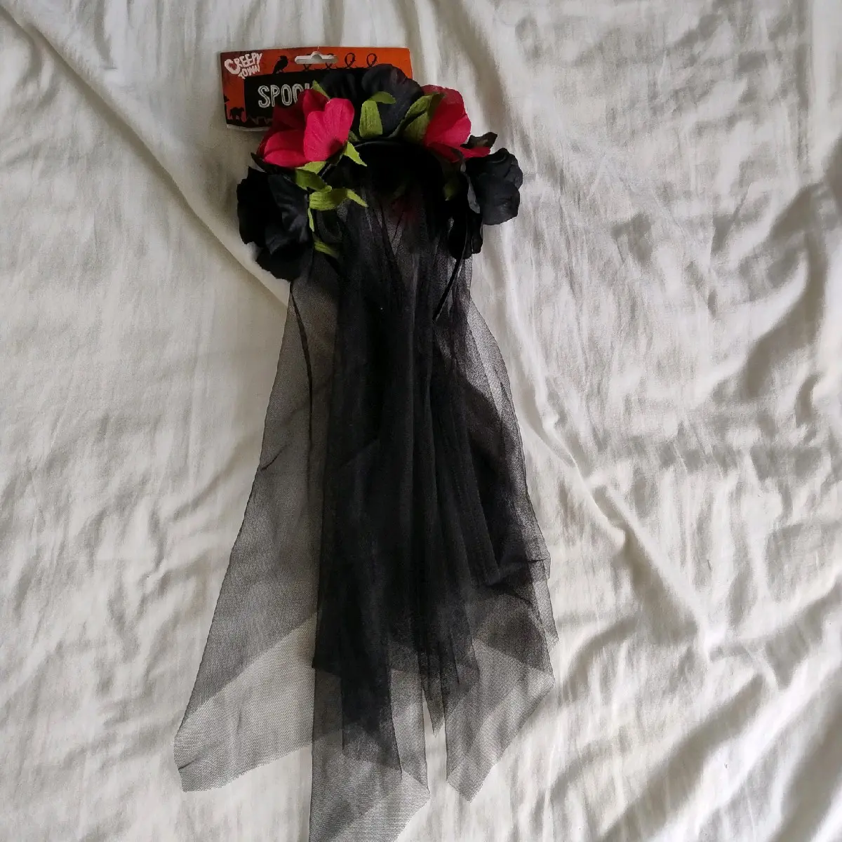 Spooky Halloween Headband Veil with Red and Green Flowers