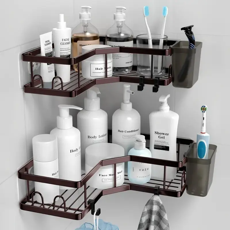 Dual Pack No-Drill Corner Shower Caddy - Rust-Free, Adhesive Mount Storage for Bathroom Bliss! 1