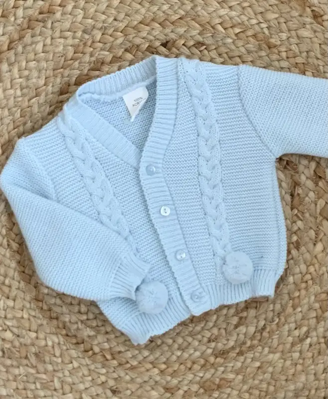 RILEY BABY BOYS CABLE KNIT POM POM CARDIGAN WHITE BEIGE NAVY BABY BLUE GREY 3