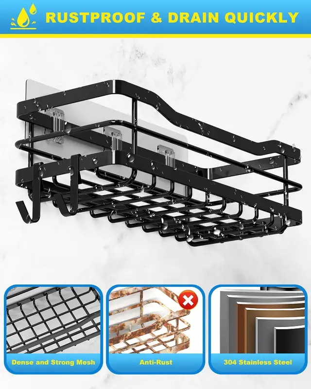 Shower Caddy Shelf Storage Bathroom Organiser Shelves No Drill with Soap Holder, Black Stainless Steel Adhesive Shower Rack Accessories with 4 Hooks for Bathroom Kitchen Organization 2+1 Pack 3