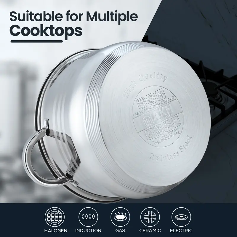 AKH HOUSEWARE Stock Pot Casserole Dish Cooking Pot with Lid Set of 5-20/22/24/26/28cm Large Heavy Duty Stainless Steel Stockpot with Lid & Silver Mirror Coated Cookware Set (Set of 5) 3