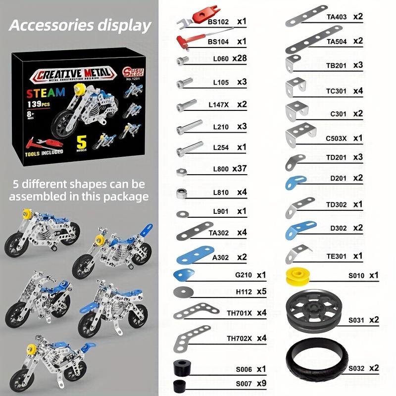 139pcs DIY 5-in-1 Motorcycle Model Assembly Building Blocks, Youngsters's Puzzle Educational Alloy Building Blocks Toy 3