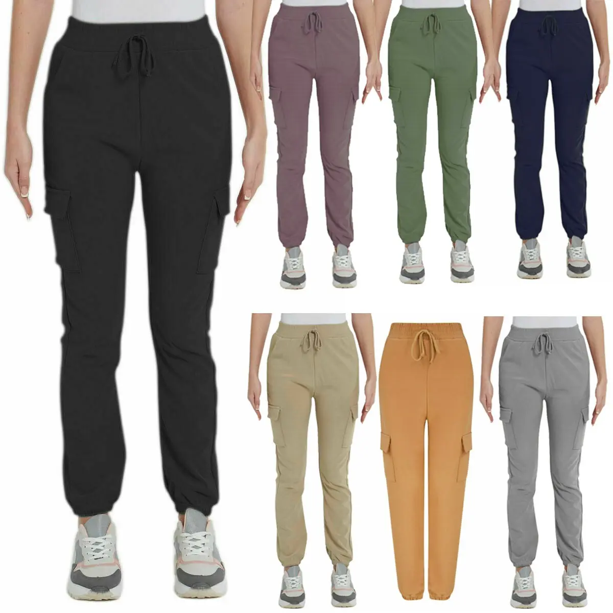 Women's Cargo Combat Slim Fit Trousers: Stylish and versatile, these trousers feature a slim fit, multiple pockets, and are perfect for casual wear and sports. Stay comfortable and on-trend with these fashionable joggers. Womenswear Lady Sky Style Suit