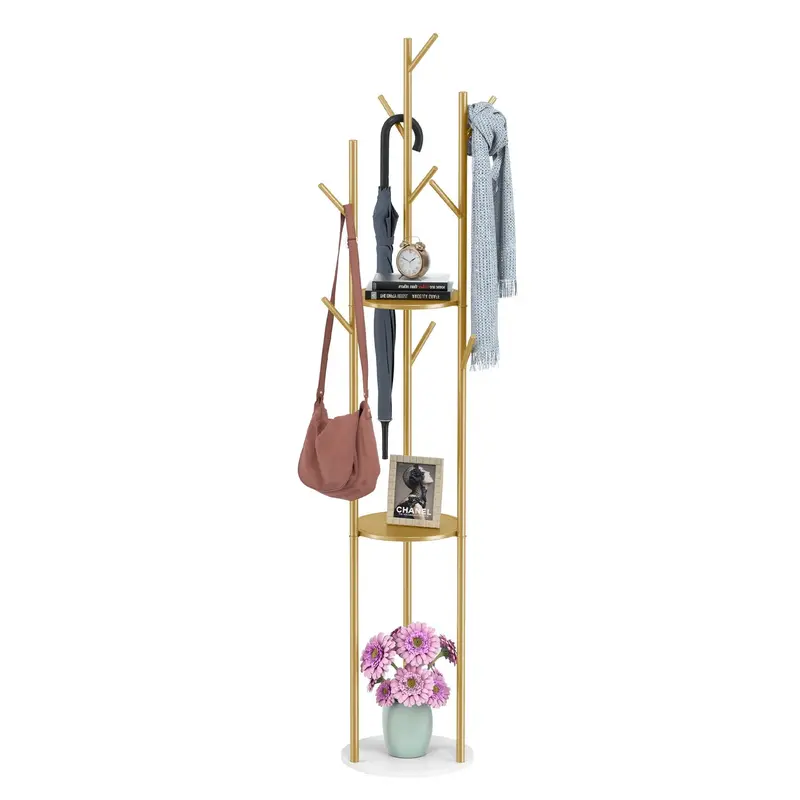 Marble Metal Coat Rack Freestanding with 3 Storage Shelves and 9 Hooks, Enterway Hall Tree for Hanging Coats, Jackets, Hats, Bag Hanger Organiser Hangable Room Installation 3