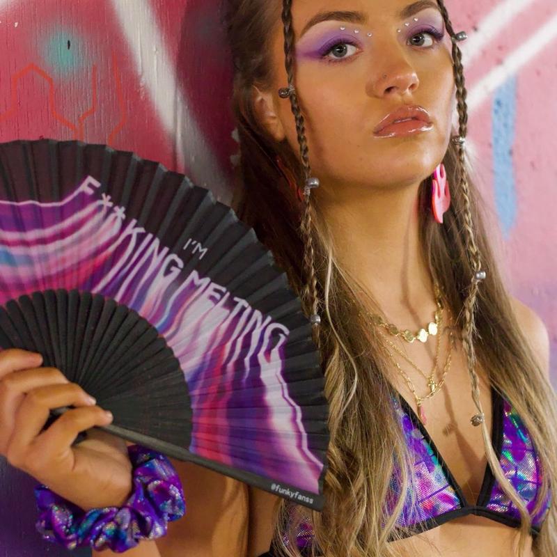 Melting FNKY Fan - Purple Melting Text Print Funky , Bamboo, Foldable Hand Fan for Festivals/Raves/Holidays 2
