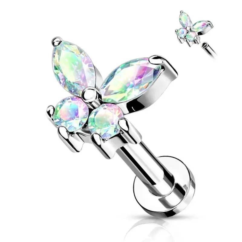 CRYSTAL BUTTERFLY FLAT BACK LABRET STUD 3