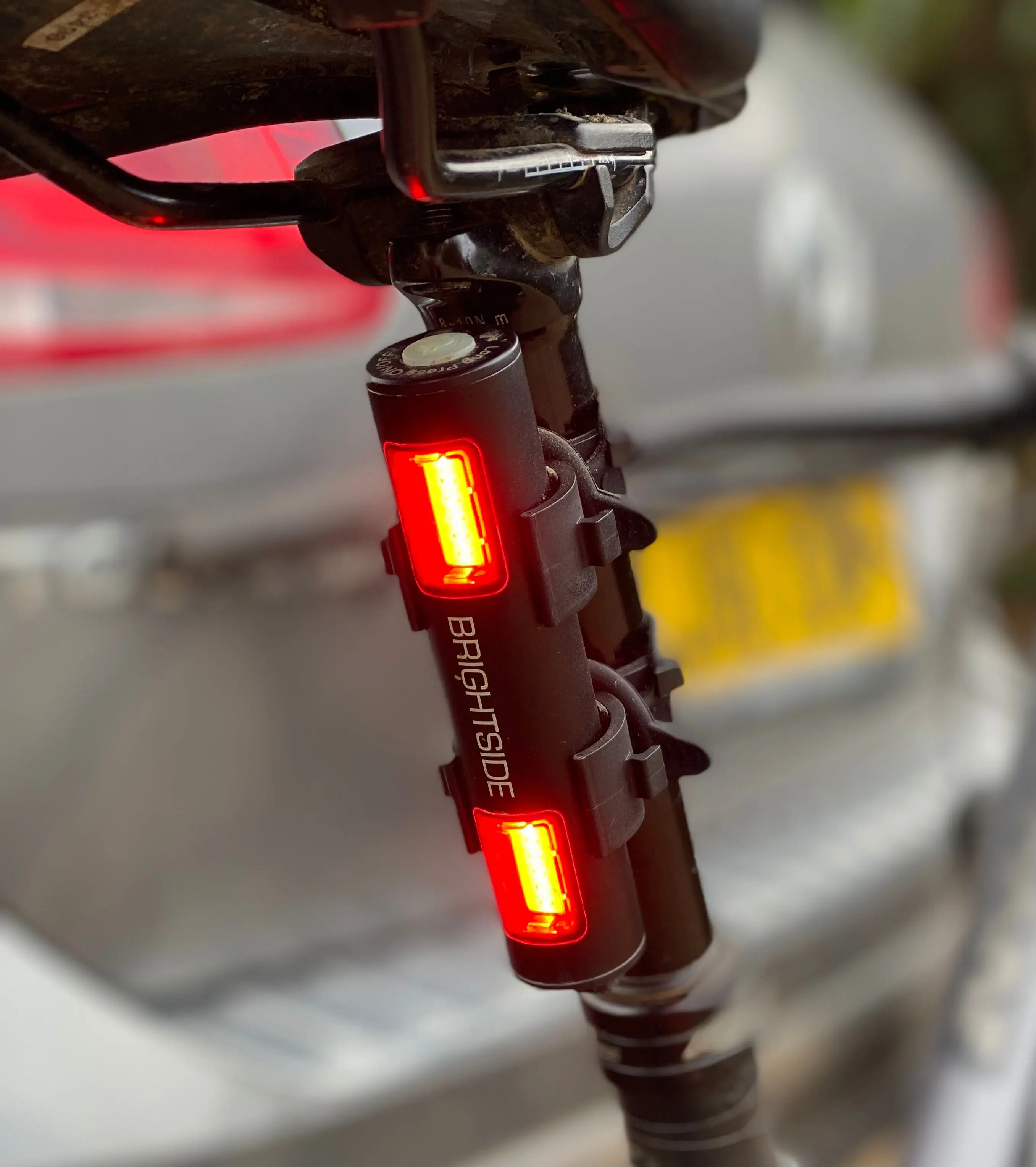 Broadside TWO Bar Light. 90 hour, super bright, twin lens rear bike light. Aluminium, waterproof, USBC recharge. Fits all seat posts. Easy tool free mounting.