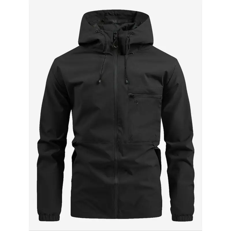 Men's Solid Pocket Drawstring Hooded Jacket, Regular Fit Zip Up Jacket, Stylish Outfit for Spring & Fall, Windbreaker for Men, Menswear, Men's Tops, Mens Clothing,  Winter Coats Underwear Beige Plain