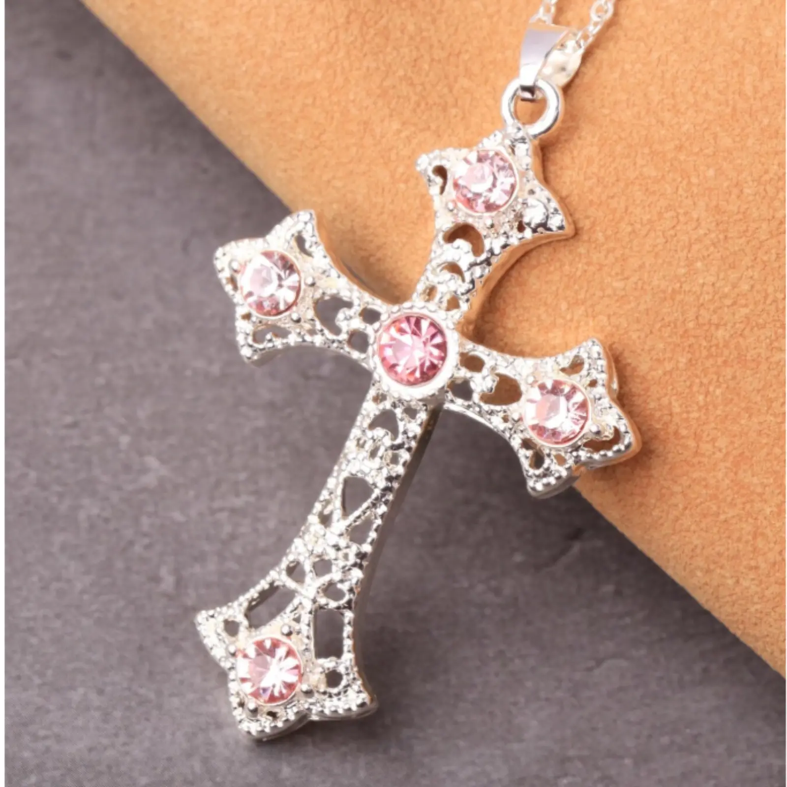 Silver Plated Zinc Alloy Pink Cross Pendant Necklace - 6 Color Options