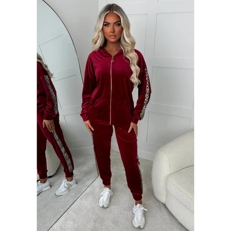 Karma Burgundy Leopard Side Print Velour Loungewear Set 2