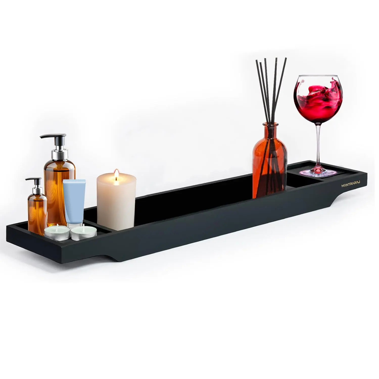 Bamboo Bath Caddy Tray Bathroom Shelf Organizer Storage Bath Tray Rack Black By MantraRaj