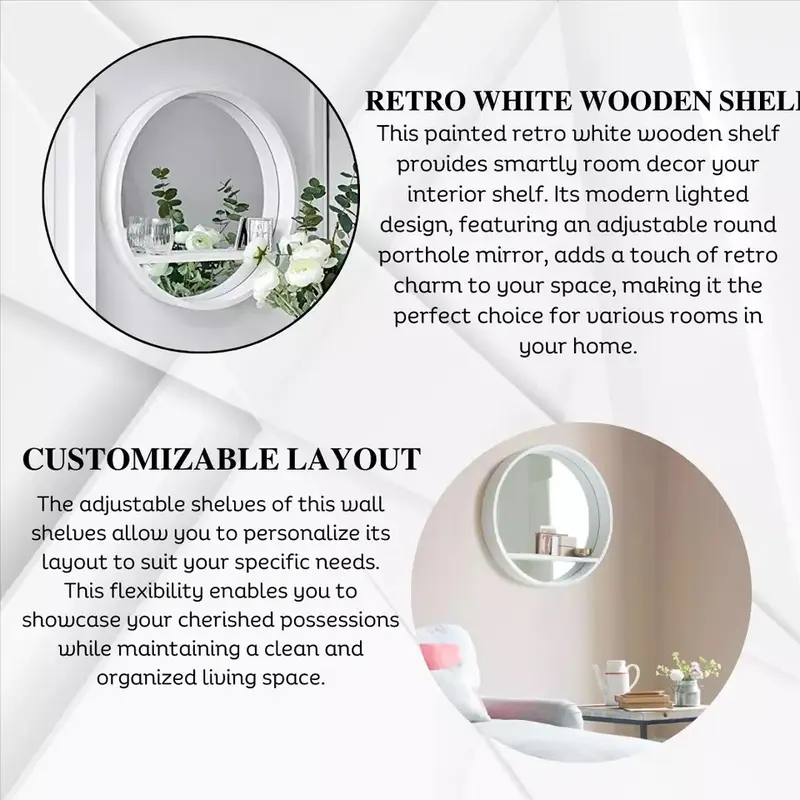 Round Wall Mirror Shelf White Porthole Bathroom Decor Home Hanging Bedroom Mount 5
