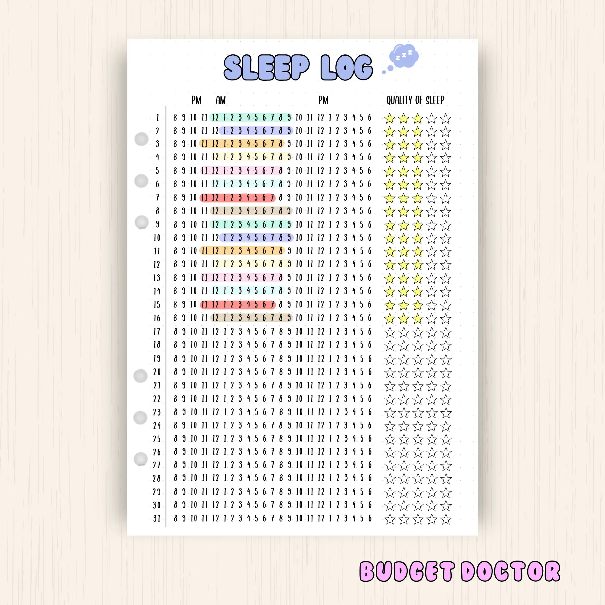 Sleep Log Tracker, A5 Card stock Paper to fit in 6 ring planner journal