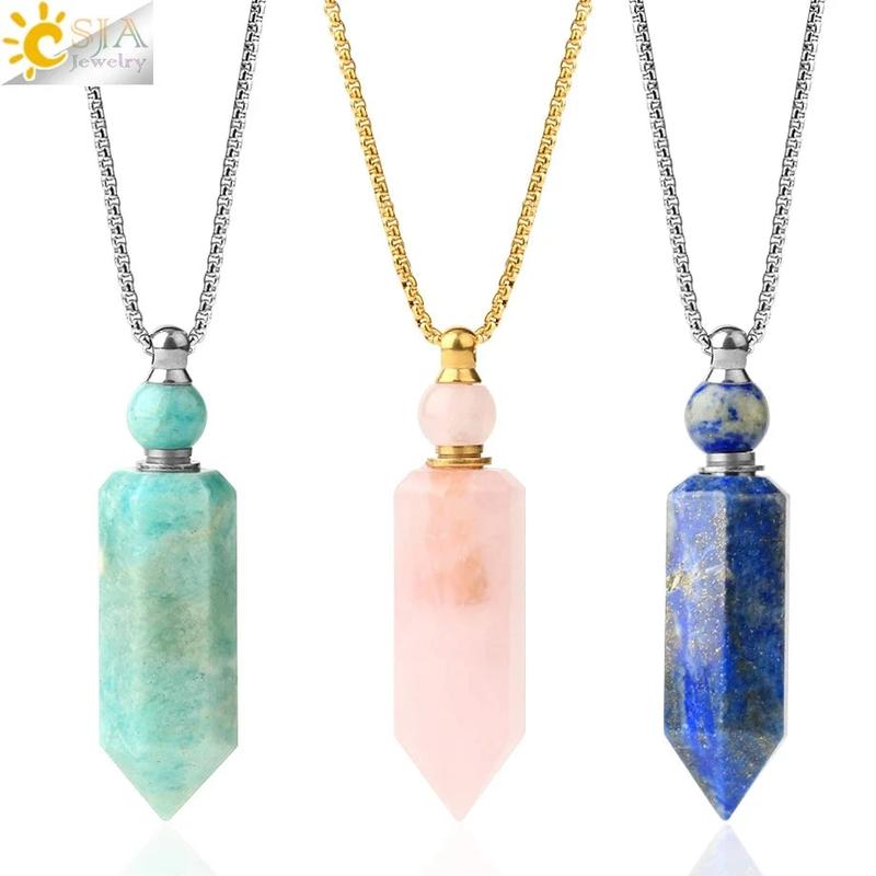 Natural Stone Cone Perfume Bottle Necklace – Healing Clear Quartz Crystal Pendant, Essential Oil Diffuser Vial for Aromatherapy 7