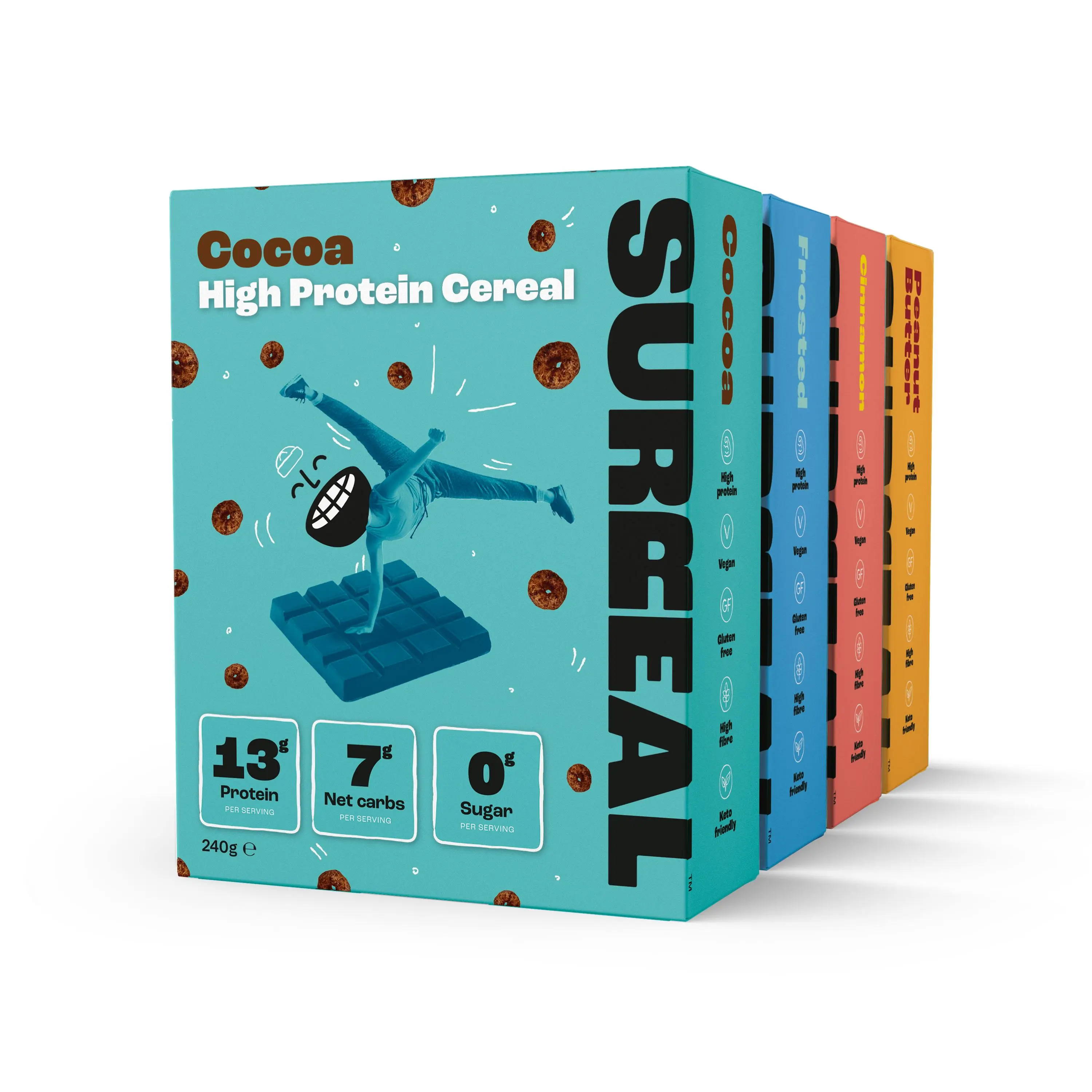 Surreal Variety 4 Pack - High Protein, Zero Sugar & Delicious Cereal - Low Carb, Gluten Free & Vegan - includes Cocoa, Cinnamon, Frosted & Peanut Butter Flavours