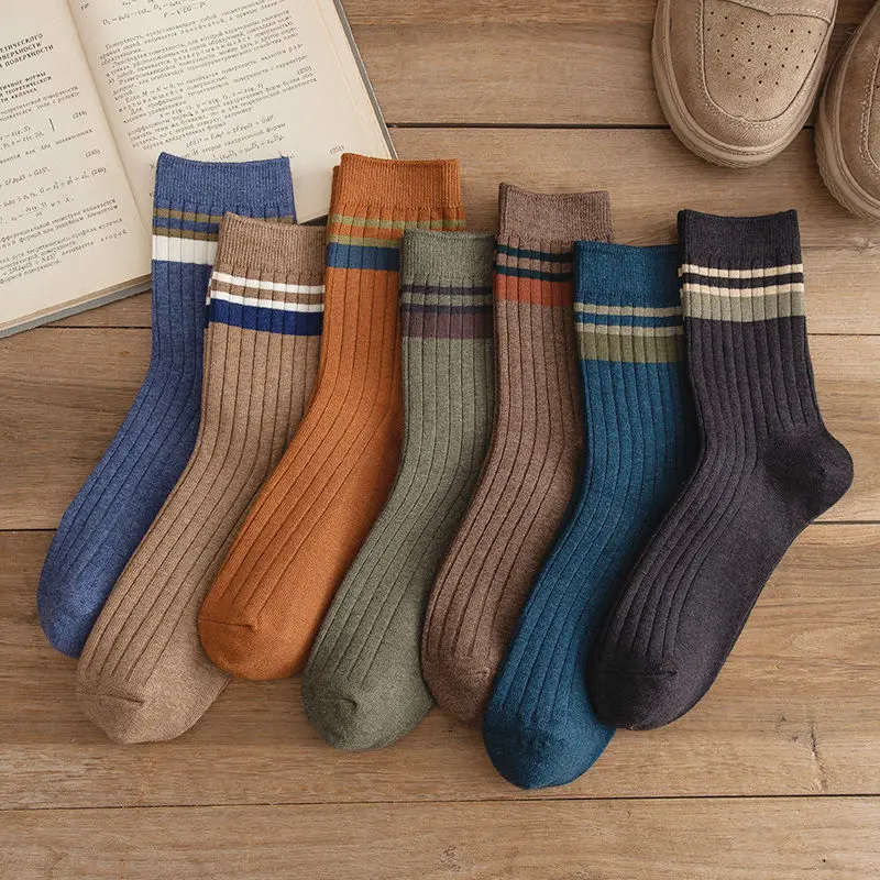 RISELDAJOR  5 Pairs of Men's Mid-Calf Socks with Striped Design, Solid Color, Ideal for Spring and Autumn, Also Great as Winter Long Socks, Odor-Resistant and Moisture-Wicking, Sweatproof 1