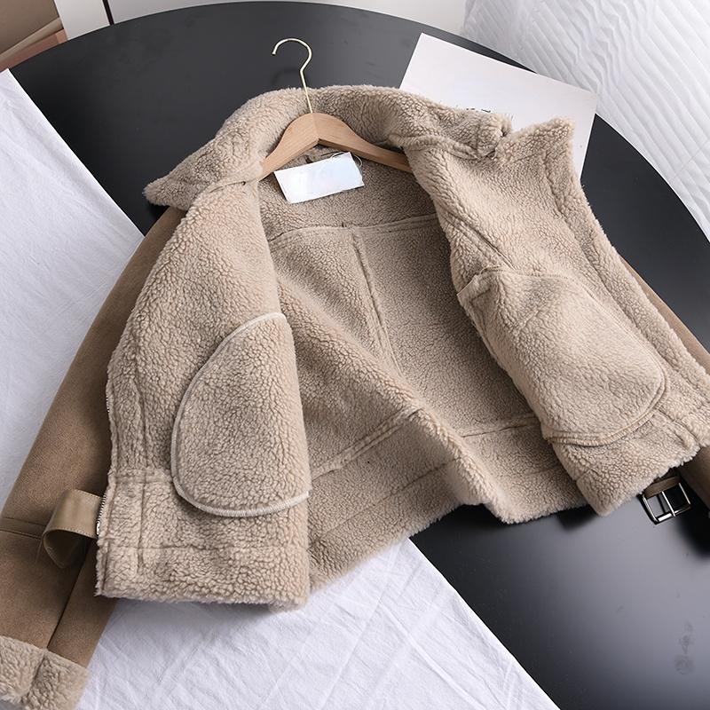 Product Introduction of 2024 Winter Women Thick Warm Suede Lamb Jacket Short Motorcycle Brown Coats Faux Shearling Sheepskin Leather Jackets Outwear 34