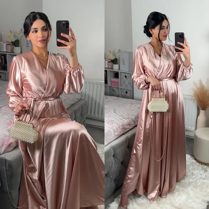 Women's Elegant Satin Dress with Shimmer Effect- Belted, V Neck Maxi, Elasticated Waist and Cuffs - UK Size 8-14 4