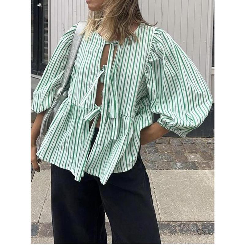 Springcmy Women Y2K Puff Sleeve Peplum Shirts Tie Front Ruffle Hem Babydoll Blouse Tops Tee Lace up Summer Tops Streetwear 2