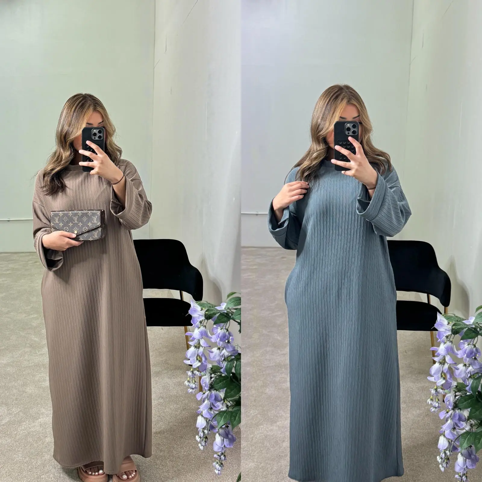 Women's Textured Round Neck Dual Side Pocket Long Maxi Dress Uk Size 8-18 Modest Fashion,Winter Arrival,Modest Fashion Casual Comfort Comfortable Womenswear Elegant Long Sleeves Boho Clothing