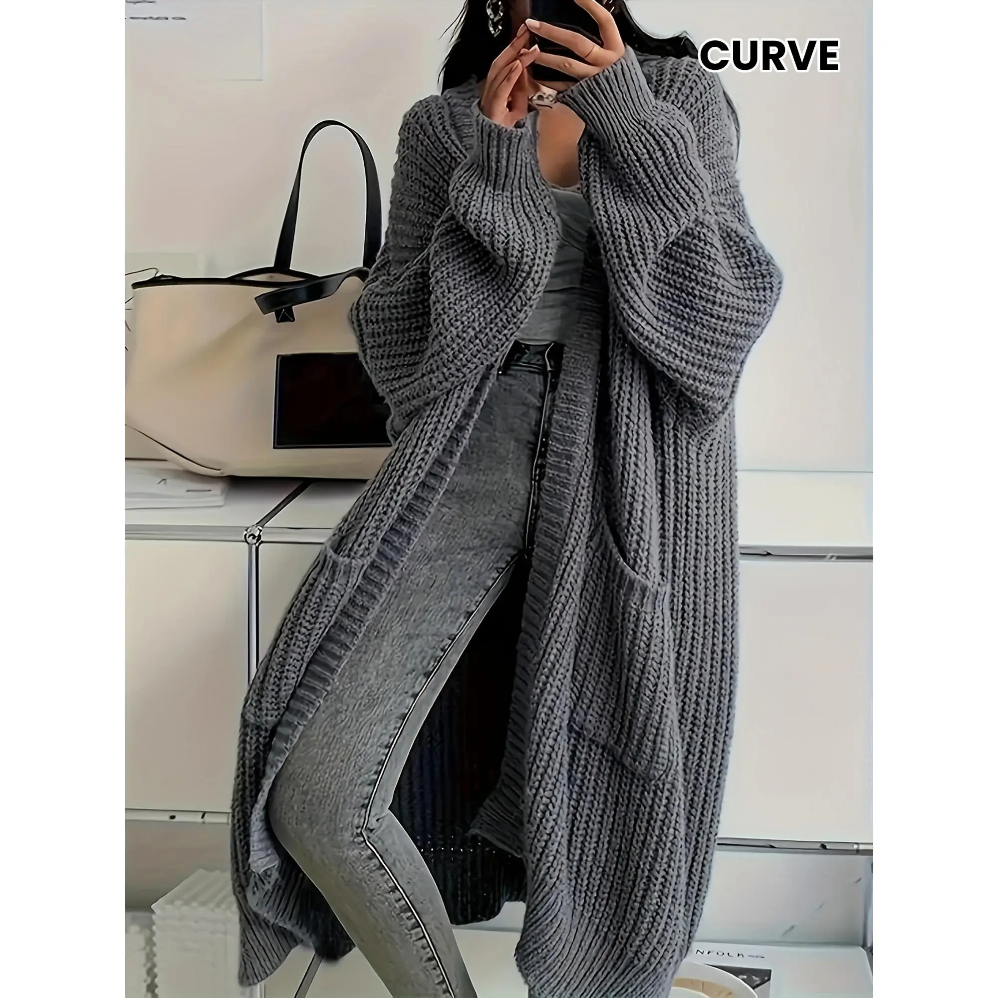 Plus Size Solid Color Open Front Knitted Cardigan, Casual Pockets Long Sleeve Cardigan For Fall & Winter, Women's Plus Size Clothing