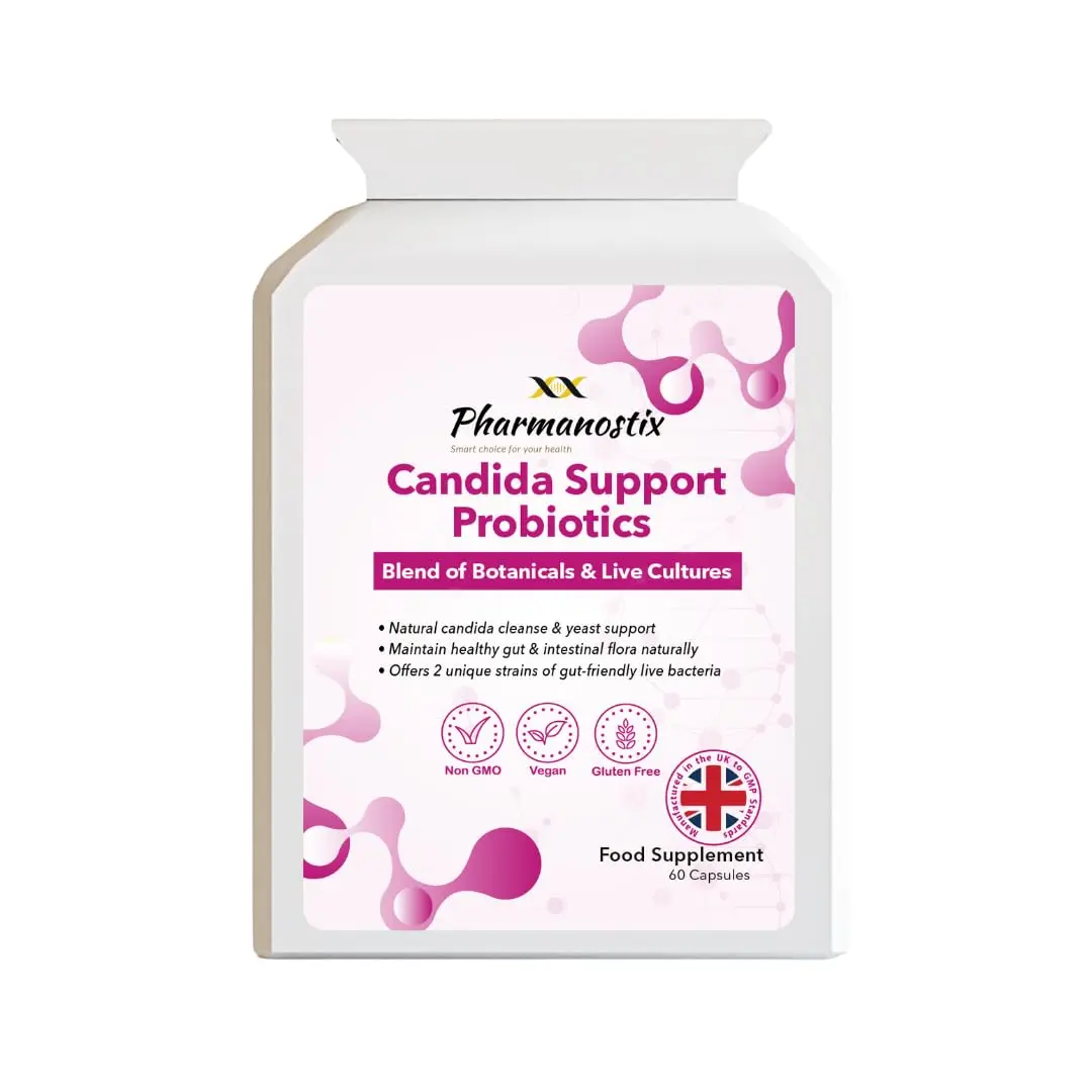 Pharmanostix Candida Support Probiotics -60 Vegan Capsules - All-in-ONE Formulation Yeast Supplement for Women -15 Active Ingredients & 200 Million Live Bacteria for Gut Health & Intestinal Flora - UK
